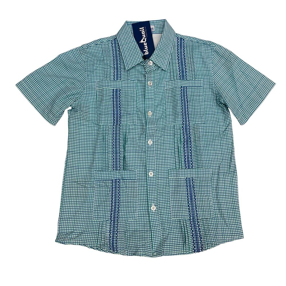 NWT Blue Quail Size 12 Blue & Jade Check Guayabera